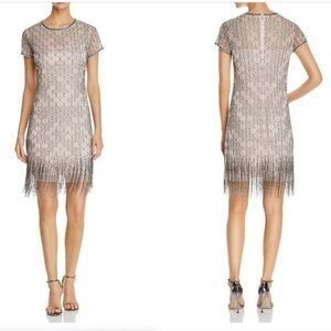 TAHARI Winter Beaded Fringe Mini Dress 